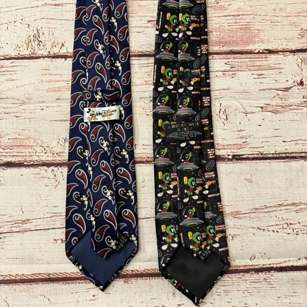 Vintage 90s Looney Tunes Marvin the Martian & Disney Mickey Cartoon Neck Tie Lot